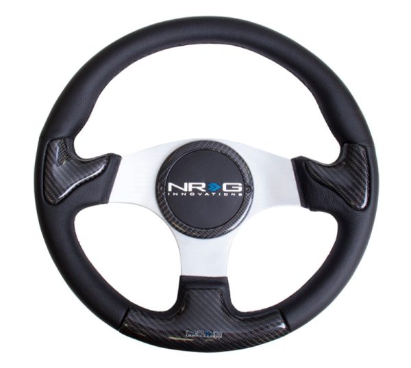 NRG Carbon Fiber Steering Wheel (350mm) Silver Frame Blk Stitching w Rubber Cover Horn Button on Sale