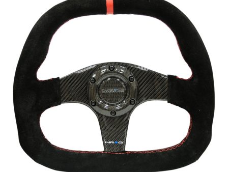 NRG Carbon Fiber Steering Wheel (320mm) Flat Btm. Blk Suede Red Stitch w CF Spokes & Red Center Mark For Sale