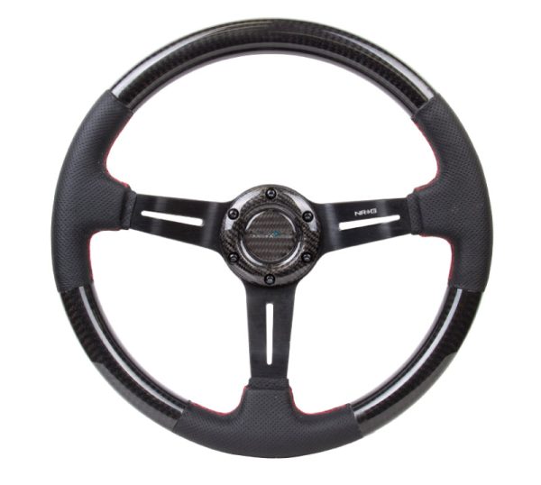 NRG Carbon Fiber Steering Wheel (350mm  1.5in. Deep) Leather Trim w Red Stitch & Slit Cutout Spokes Hot on Sale