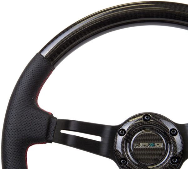 NRG Carbon Fiber Steering Wheel (350mm  1.5in. Deep) Leather Trim w Red Stitch & Slit Cutout Spokes Hot on Sale