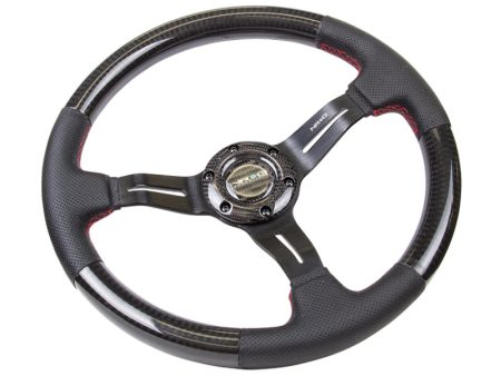 NRG Carbon Fiber Steering Wheel (350mm  1.5in. Deep) Leather Trim w Red Stitch & Slit Cutout Spokes Hot on Sale