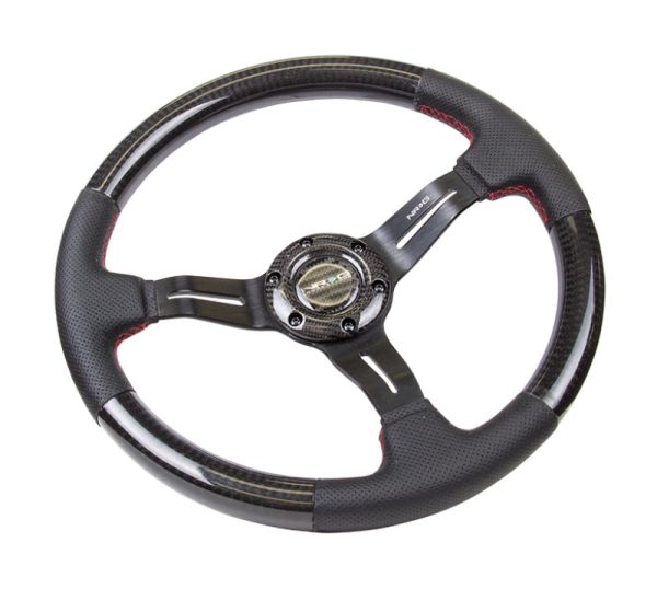 NRG Carbon Fiber Steering Wheel (350mm  1.5in. Deep) Leather Trim w Red Stitch & Slit Cutout Spokes Hot on Sale