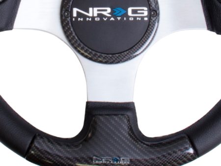 NRG Carbon Fiber Steering Wheel (350mm) Silver Frame Blk Stitching w Rubber Cover Horn Button on Sale